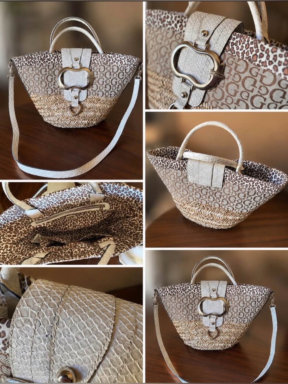 GUESS Beige Straw Tote with White Trim and Leopard Interior